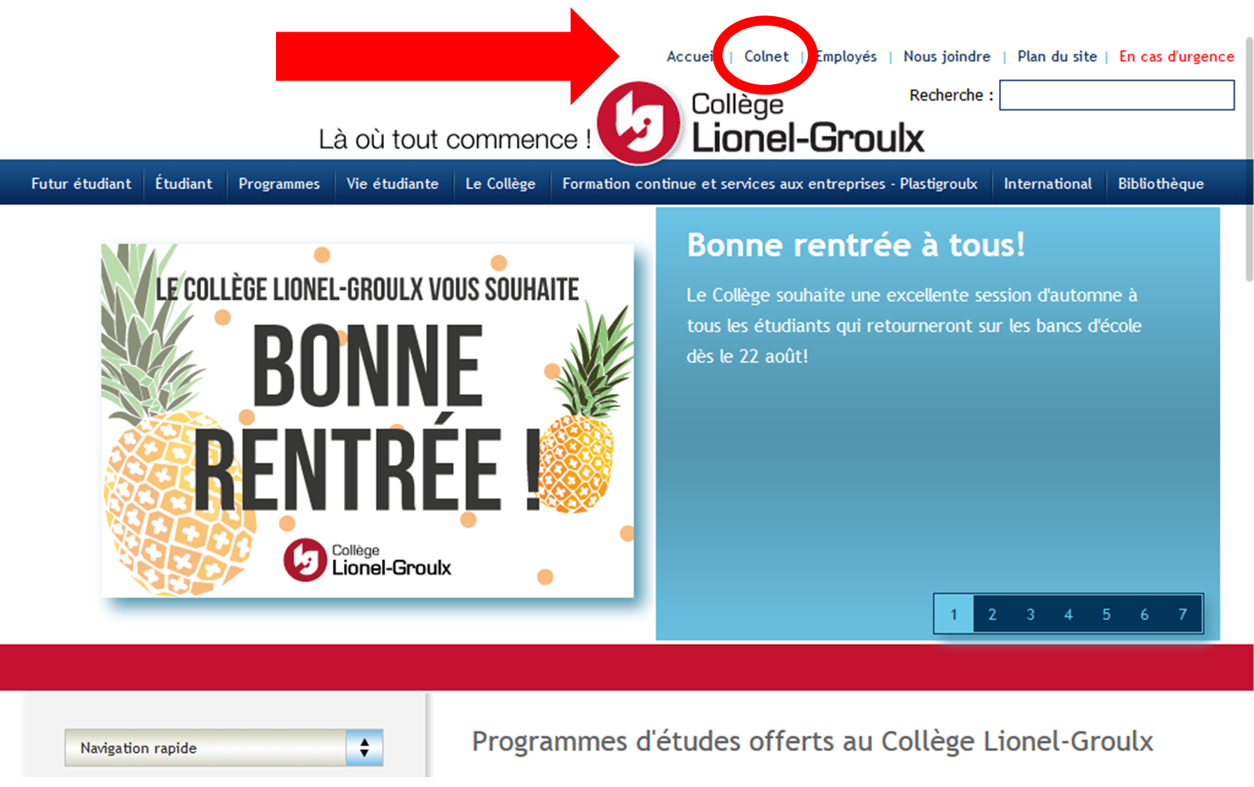 Page d'accueil du collège avec le lien vers Colnet