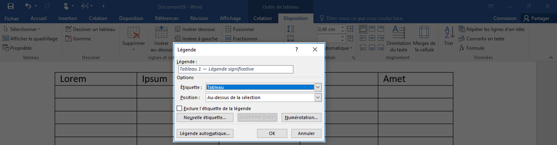 Insérer une légende à un tableau