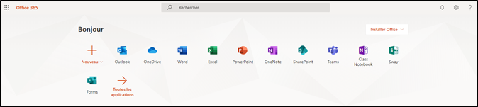 Accueil du portail Office 365